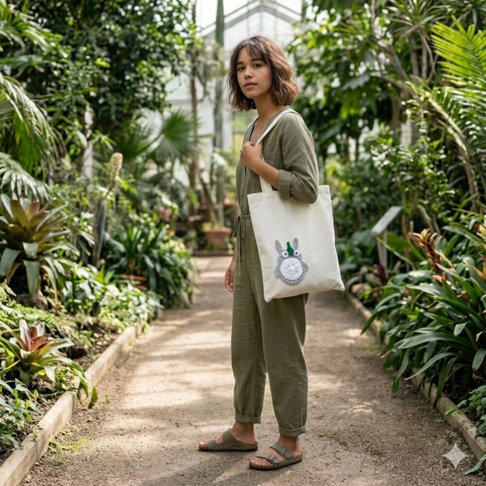 Crocheted Animal Canvas Tote Bag  Totoro Applique Market Bag New